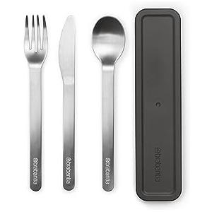 Brabantia - Make & Take Set di 3 Posate con Custodia - Coltello, Cucchiaio & Forchetta - Design Igienico & Compatto - Acciaio Inox - Adatto per Lavastoviglie - Set di Posate da Viaggio - Dark Grey