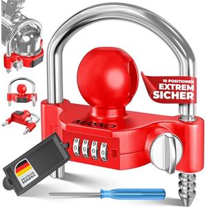 MASKO® Lucchetto per Rimorchio, Lucchetto a Combinazione con Codice a 4 Cifre per i Comuni ganci di Traino, Facile Installazione, Protezione Antifurto, Roulotte, Rimorchio, Rosso