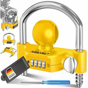 MASKO® Lucchetto per Rimorchio, Lucchetto a Combinazione con Codice a 4 Cifre per i Comuni ganci di Traino, Facile Installazione, Protezione Antifurto, Roulotte, Rimorchio, Giallo