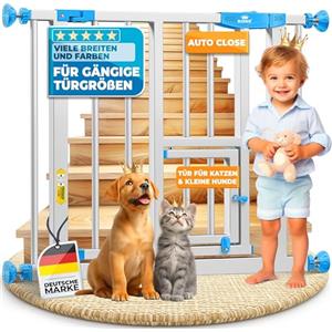 KIDIZ® Cancelletto di Sicurezza per porte, Cancelletto per Bambini, con Porta per Cani e Gatti, senza foratura, espandibile, combinabile con i mandrini a Y, girevole, 74-87 cm - Bianco/Blu