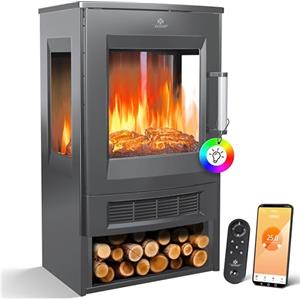 KESSER® Caminetto Elettrico con Riscaldamento, Finestra Panorama, Termoventilatore, 9 Effetti Fiamma LED, Modalità di Colore, Telecomando, App WiFi, 900/1800W, Focolare Elettrico con Termostato