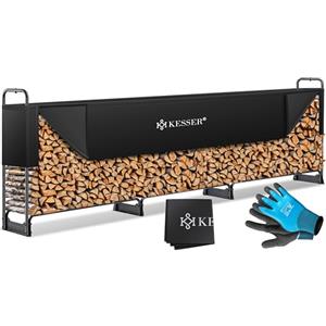 KESSER Scaffale per legna da ardere, in acciaio, 390 x 36 x 117 cm, supporto 590 kg, impermeabile, copertura e guanti, supporto per impilare legno