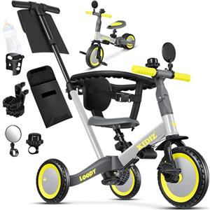 KIDIZ® 6in1 Balance Bike - Triciclo, Triciclo per Bambini, da 1 a 5 anni, capacità di carico fino a 25 kg, incl. Manubrio/Barra di sicurezza/Cintura di sicurezza/Campana e Specchio, Grau