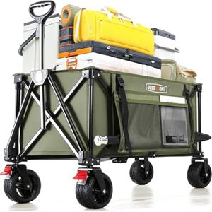 Overmont Carrello da Giardino Pieghevole - Carrelli da Trasporto 150L 150 kg con Maniglia regolabile Freni Tasche a Rete - All-terrain Staccabile Ruote - per Campeggio Shopping Sport Spiaggia