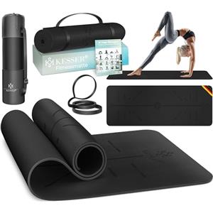 KESSER Tappetino da ginnastica con cinghie per il trasporto, tappetino da yoga antiscivolo in TPE (183 x 61 cm), tappetino per fitness, sportivo, pilates e ginnastica (Nero/Nero)