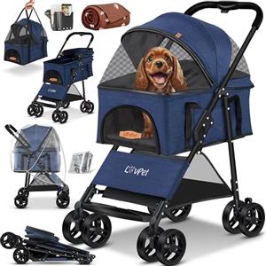 LOVPET® Passeggino per cani 2in1 - box per trasporto cani - borsa da trasporto per cani pieghevole fino a 20 kg - carrello per animali con finestre a rete e parapioggia I blu