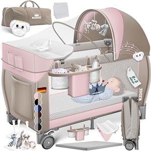 KIDIZ® Lettino per bambini 3in1, Lettino da viaggio, Set - Lettino con fasciatoio, Zanzariera, Pareti laterali aerate, Navicella, pieghevole, fino a 15 kg, Rosa/Beige