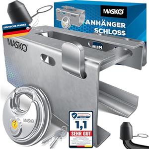 MASKO® Serratura per Rimorchio Con Sistema a Innesto - Agganciato e Sganciato, Protezione Antifurto, incl. Serratura a Disco, Chiave e Cappuccio di Protezione, Argento