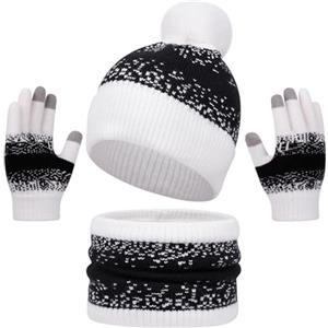 Yaopelky Set di guanti da donna, con cappello, scaldacollo, guanti caldi per touchscreen, foderati in pile, sciarpa con pompon per adulti, bianco, taglia unica