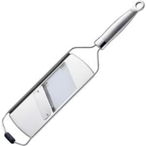 RÖSLE Mandolina per affettare alla Julienne, affetta verdure di qualità per zucchine, cetrioli o carote, 3 lame, piedini di supporto in silicone, acciaio inox 18/10, inclusa custodia protettiva