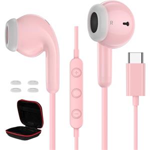 AIAUXAI Cuffie USB C per Samsung Galaxy S25 Ultra S24 S23 S22 A56 A16 A55 Auricolari Type C con Microfono Hi-Fi Stereo Cuffie Tipo C In-Ear con Filo Auricolari per iPhone 17 Pro Max 16 15 iPad per Xiomi Rosa