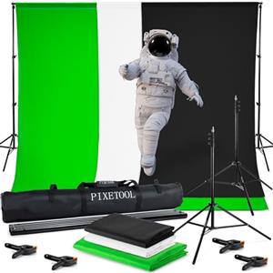 PIXETOOL Green Screen Con Supporto (3m x 3m) - Sfondo Fotografico - Set Studio Fotografico - Accessori Per La Fotografia Streaming Giochi Gaming - 3x Telo di Fondale (verde, bianco, nero) - 4 Morsetti