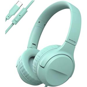 INFURTURE CH3 - Cuffie USB C per bambini, per la scuola, con limitatore di sicurezza 94 dB, suono stereo HD, cuffie on/off per ragazzi/ragazze/tablet/scuola/viaggi (verde)