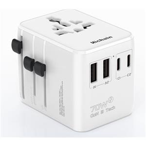 Hichain Presa Universale da Viaggio 70W PD Ricarica Veloce Adattatore da Viaggio 2 Porte USB-A 2 Porte USB-C Spina Internazionale da Viaggio Adattatore da Parete All-in-one per USA UE UK AUS