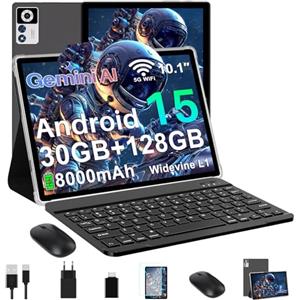 ZIOVO Tablet 10 Pollici Android 15 Tablets,30GB RAM+128GB ROM(TF 2TB),5G WiFi Tablets,Octa-Core 2.0 GHz/Gemini AI/Widevine L1/8000 mAh/Bluetooth 5.0/GPS/Face ID/2 in 1 Tablet con Tastiera e Mouse-Nero