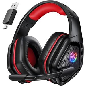 Tatybo Cuffie Gaming Wireless per Ps5 Ps4, Bluetooth Cuffie 2.4 GHz USB e Type-C con Microfono 7.1 Qualità Audio,Batteria 40Ore,Cuffie Pc per Mac Laptop Mobile Switch,nero-rosso