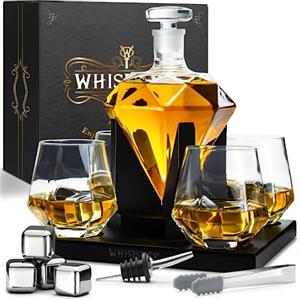 WHISISKEY Decanter per Whisky - Set Whisky Regalo - Idee Regalo Uomo Compleanno - Diamantata Decanter 1000ML, Scatola Regalo, 4 Bicchieri da Whisky x 300ML, 4 Pietre di Whisky, Accessori