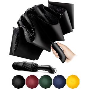 Conlun Ombrello pieghevole compatto anti-tempesta - antivento automatico nero per uomo, rivestimento in teflon 210T, inverso da 105 cm, da pioggia grande 10 ossa Regali di Natale