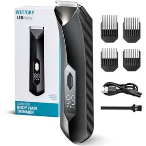 SURPN Trimmer per peli del corpo da uomo, rasoi elettrici ricaricabili per petto/schiena/gambe, toelettatore impermeabile bagnato/asciutto, 4 pettini limitatori, tosatrice a lama ceramica, con blocco da