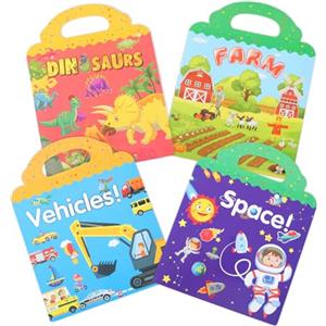 elzle 4 Libri di Adesivi Riutilizzabili per bambini, 3-6 Anni Giocattolo Educativo, Veicoli, Spazio, Dinosauri, Fattoria 4 Temi Adesivi Trasparenti 3D Bambini e Ragazze Regali di Compleanno