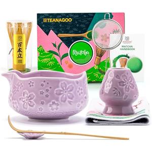 TEANAGOO Set di 7 fruste per tè Matcha viola con design a fiori di ciliegio, kit completo per cerimonia, ciotola Chawan in ceramica con beccuccio, frusta e accessori, set da tè matcha tradizionale per