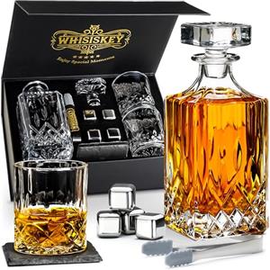 WHISISKEY Decanter per Whisky - Set Whisky Regalo - Idee Regalo Uomo Compleanno - Classica Decanter 700ML, Scatola Regalo, 2 Bicchieri da Whisky x 310ML, 4 Pietre di Whisky, Accessori