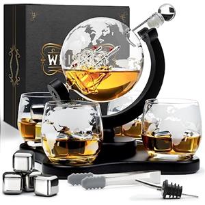 WHISISKEY Decanter per Whisky - Set Whisky Regalo - Idee Regalo Uomo Compleanno - Globe Decanter 900ML, Scatola Regalo, 4 Bicchieri da Whisky x 285ML, 4 Pietre di Whisky, Accessori