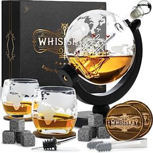 WHISISKEY Decanter per Whisky - Set Whisky Regalo - Idee Regalo Uomo Compleanno - Globe Decanter 900ML, Scatola Regalo, 2 Bicchieri da Whisky x 285ML, 8 Pietre di Whisky, Accessori