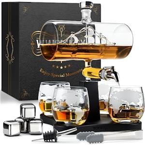 WHISISKEY Decanter per Whisky - Set Whisky Regalo - Idee Regalo Uomo Compleanno - Velieri Decanter 1100ML, Scatola Regalo, 4 Bicchieri da Whisky x 285ML, 4 Pietre di Whisky, Accessori