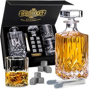 WHISISKEY Decanter per Whisky - Set Whisky Regalo - Idee Regalo Uomo Compleanno - Classica Decanter 700ML, Scatola Regalo, 2 Bicchieri da Whisky x 310ML, 8 Pietre di Whisky, Accessori
