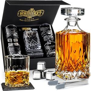 WHISISKEY Decanter per Whisky - Set Whisky Regalo - Idee Regalo Uomo Compleanno - Classica Decanter 700ML, Scatola Regalo, 4 Bicchieri da Whisky x 310ML, 4 Pietre di Whisky, Accessori