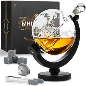 WHISISKEY Decanter per Whisky - Set Whisky Regalo - Idee Regalo Uomo Compleanno - Globe Decanter 900ML, Scatola Regalo, 4 Pietre di Whisky, Accessori