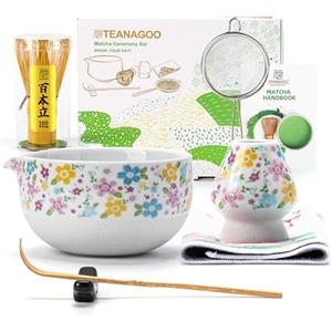 TEANAGOO Set di fruste Matcha, set da 7 pezzi, bianco, kit per cerimonia matcha, set da tè matcha per fare latte, ciotola in ceramica (chawan) con beccuccio e frusta, regalo per gli amanti del matcha