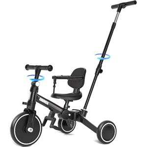 KORIMEFA Bicicletta per bambini, Triciclo a 3 ruote per bambini da 1-3 anni,maniglia di spinta, pedale rimovibile,schienale,maniglia di guida per i genitori,Natale per il primo compleanno (Nero)
