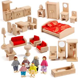 KABENFIS 5 Set di accessori per mobili per casa delle bambole con una famiglia di 6 bambole Decorazione Giochi di finzione per ragazze e ragazzi, in Legno