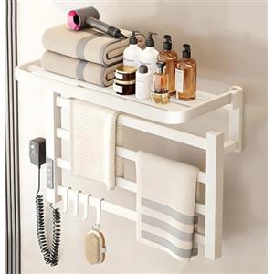 QJHSSM Scaldasalviette Elettrico Bagno 50x38cm, Portasciugamani Riscaldato con 4 Barre, Termosifone da Parete con Un Ripiano, Termoarredo Asciugamani da Bagno, Display LED, Timer, Programmabile-White