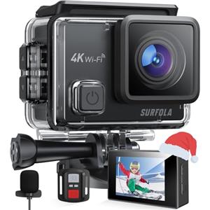 Surfola Action Cam 4K Subacquea 40M, WiFi Videocamera EIS, Fotocamera per Casco, 170° Grandangolare Time-Lapse, Mic Esterno, Telecomando2.4G, 2x1050mAh Batterie
