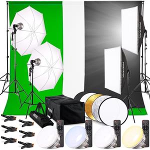 PIXETOOL Set Studio Fotografico - Softbox - Green Screen Con Supporto (3m x 3m) - Fondale fotografica - Godox - Lampada - Sfondo - Luce Fotografiche Per Video Foto - Fotografia Streaming Giochi Gaming
