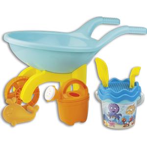 Androni Giocattoli Carriola con Set Mare Happy Fish - Include Secchiello Decorato, Annaffiatoio, Setaccio, Paletta, Rastrello e Formina