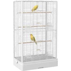 PawHut Gabbia per Canarini con Posatoi in Legno, Voliera per Uccelli in Acciaio con 2 Maniglie, Vassoio Rimovibile e Ciotole per Cibo, 61x36.5x98 cm, Bianco