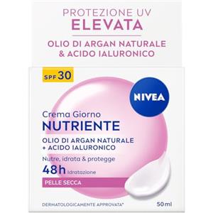 NIVEA Crema Giorno Nutriente SPF 30 50 ml, Crema idratante viso con Olio di Argan e Acido Ialuronico per 48h di idratazione intensa, Skincare con elevata protezione UVA/UVB SPF30 per pelle secca