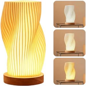 GOMETY Lampada da Comodino con Base in Legno, Lampada da Notte USB Vintage a Strisce 3 Colori, Lampada da Comodino con Paralume in PLA, 9 Livelli di Luminosità LED Piccola Lampada da Tavolo per Camera