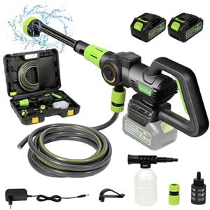 Pneterg Idropulitrice Senza Fili, Idropulitrice a Batteria da 200 Bar, Pistola ad Alta Pressione Portatile Senza Fili, Ugello 6 in 1 per la Pulizia di Biciclette, Finestre, Pavimenti (2 Batterie -)