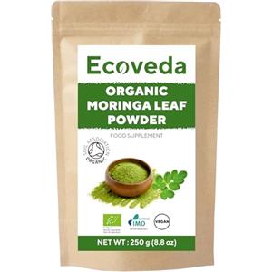 Ecoveda Foglie di moringa biologica in polvere, 250 g, coltivate biologicamente, certificate Soil Association, foglie di moringa in polvere, testate per metalli pesanti