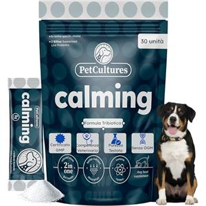 PetCultures Calming - Probiotici Cane in Polvere e Fermenti Lattici - Formula 3-in-1 con L-Triptofano, L-Teanina, Enzimi Digestivi e 2 Miliardi di Colture Vive, Supporto Relax, 10 Bustine