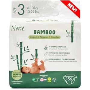 Naty Bamboo - Pannolini per Bambini in Viscosa di Bambù - Morbidezza e tocco setoso, Pannolini a base vegetale, Dermatologicamente testati per pelli sensibili e super assorbenti (Taglia 3, 156 pezzi)
