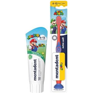 Mentadent Junior 6-13 Anni - Dentifricio Menta Delicata con 97% Ingredienti Naturali + Spazzolino Setole Ultra Morbide, Testina Arrotondata e Ventosa, Ideale per Denti da Latte e Definitivi