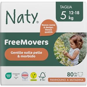 Naty FreeMovers Pannolino a Mutandina | Mutandino Certificato per Pelli Sensibili | Morbido, Senza Profumo | Assorbente & Anti-Perdite | Unisex Bambino & Bimbo | Taglia 5 (12-18 kg), 80 Pezzi