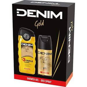 Denim - Regalo Uomo, Docciaschiuma 250 ml e Deodorante Spray 150 ml, Fragranza Gold, Azione Lenitiva ed Emolliente