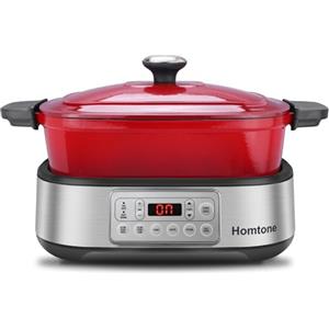 Homtone Casseruola 6 in 1 Slow Cooker, 5,5 l, programmabile, smaltata rimovibile, rivestimento in ceramica, cottura lenta, rosola, cottura a vapore con griglia a vapore, rosso